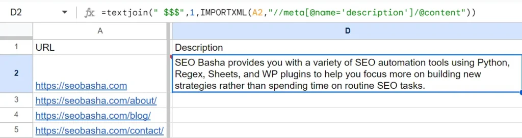 Get Meta Description Tag Using Google Sheets