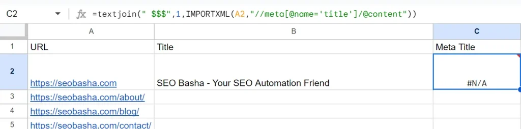 Get Meta Title Tag Using Google Sheets