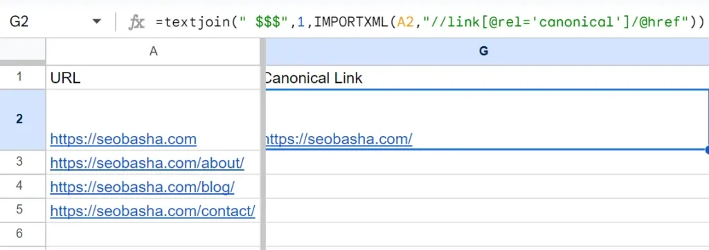 Getting Canonical Link Example in The HTML Using Google Sheets